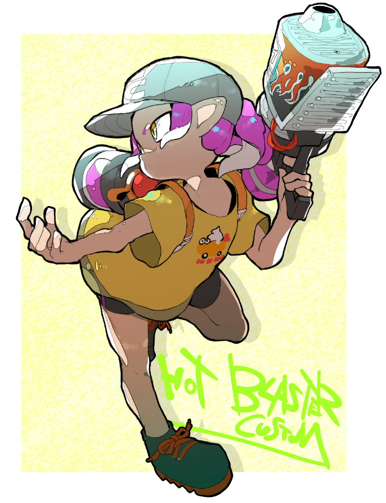 1girl baseball_cap bike_shorts blaster_(splatoon) blue_headwear full_body hat holding ink_tank_(splatoon) jamir leg_up long_hair octarian octoling ponytail purple_hair shirt shoelaces shoes short_sleeves single_vertical_stripe solo splatoon_(series) splatoon_2 standing standing_on_one_leg t-shirt tentacle_hair yellow_eyes yellow_shirt