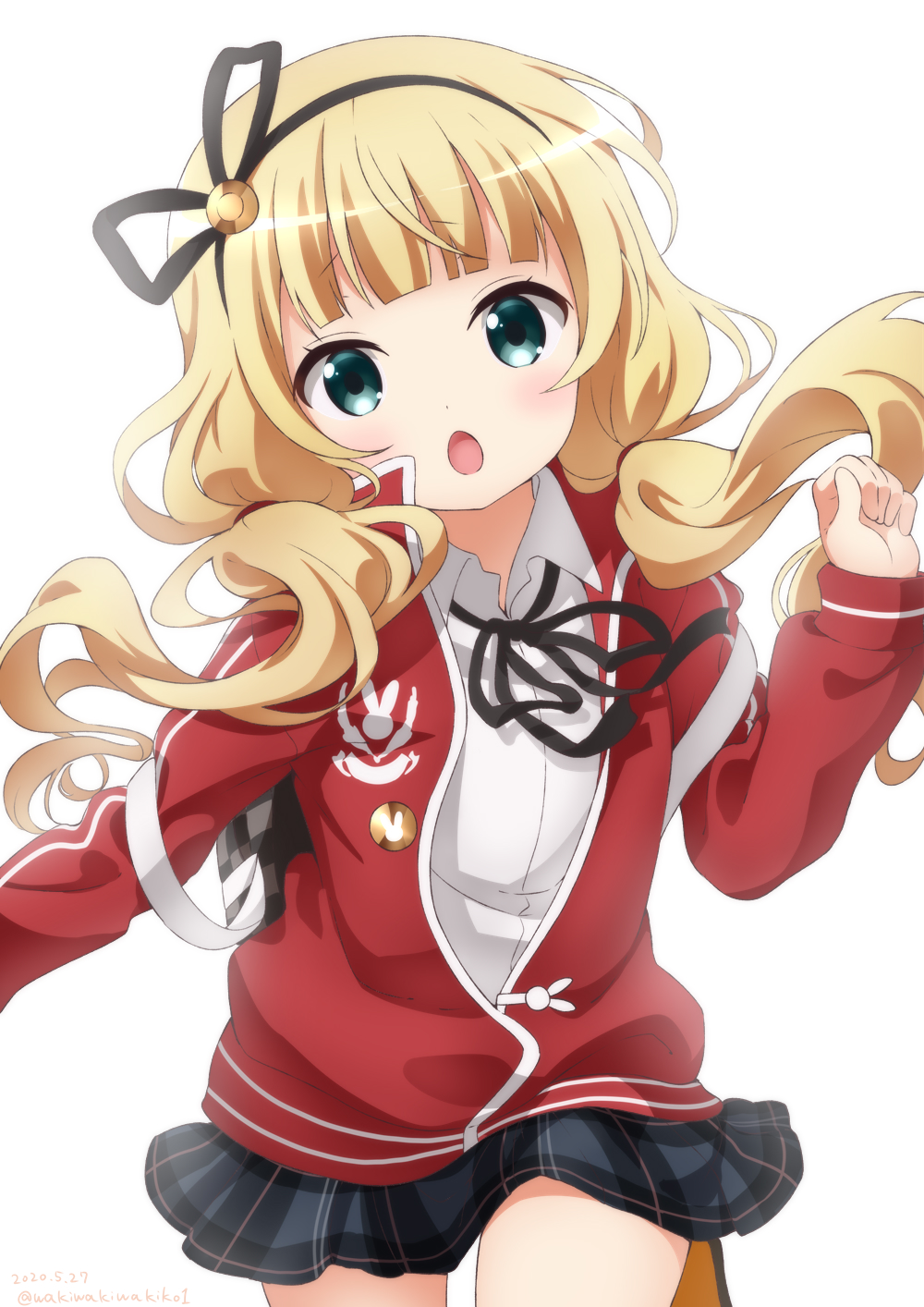 1girl :o backpack bag bangs black_ribbon blonde_hair blunt_bangs commentary_request gochuumon_wa_usagi_desu_ka? green_eyes hair_ribbon highres jacket kirima_sharo long_hair long_sleeves looking_at_viewer low_twintails neck_ribbon neki_(wakiko) open_clothes open_jacket plaid plaid_skirt red_jacket ribbon shirt simple_background skirt solo twintails white_background white_shirt wing_collar