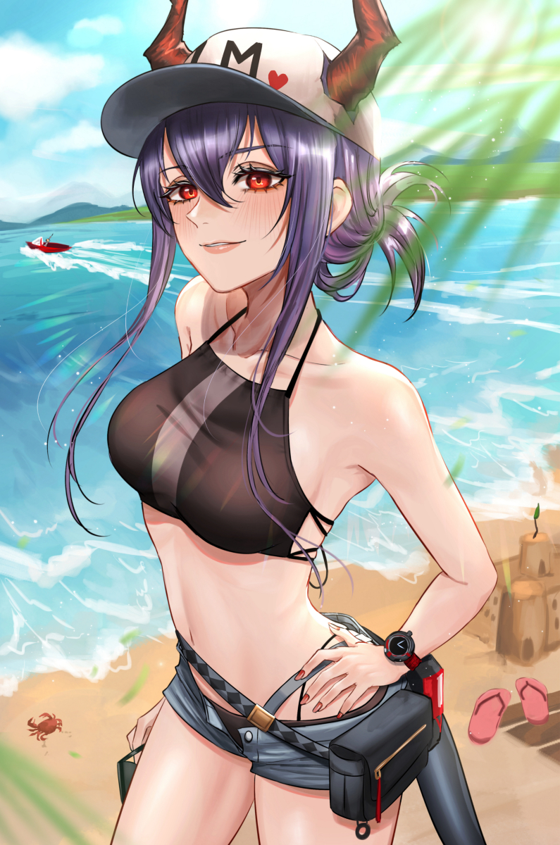 1girl arknights bangs bare_arms bare_shoulders baseball_cap beach belt bikini black_bikini blue_hair blue_sky blush breasts ch'en_(arknights) clouds commentary cowboy_shot crab day dragon_horns dragon_tail eyebrows_visible_through_hair grey_shorts hair_between_eyes halterneck hand_on_hip hat heart highres horns horns_through_headwear kurisustinah long_hair looking_at_viewer medium_breasts nail_polish navel ocean outdoors parted_lips pink_lips pink_nails pouch red_eyes sand_castle sand_sculpture short_shorts shorts sidelocks sky smile solo standing stomach swimsuit tail thighs tied_hair watch watch water