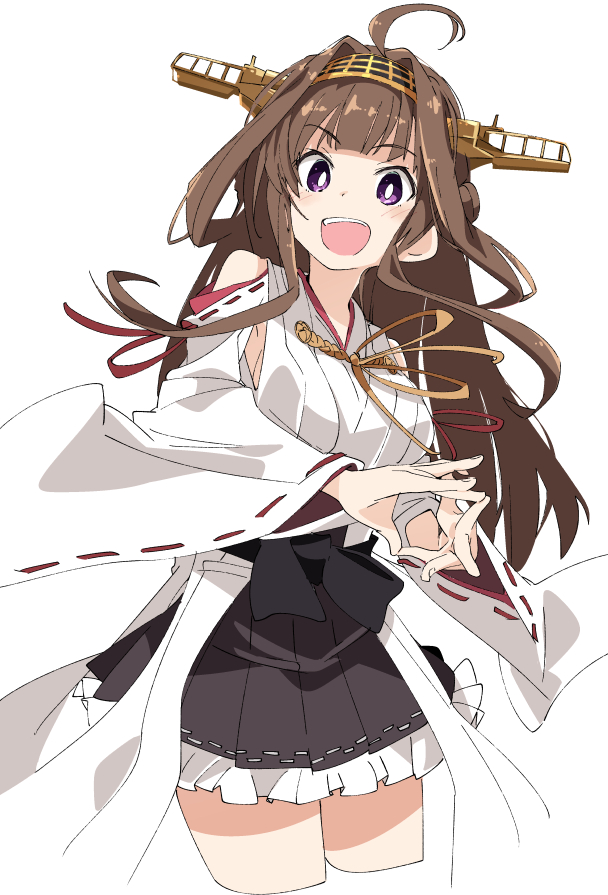 1girl :d ahoge bangs black_skirt blunt_bangs blush brown_hair cropped_legs eyebrows_visible_through_hair headgear ixy japanese_clothes kantai_collection kongou_(kantai_collection) long_hair looking_at_viewer nontraditional_miko open_mouth remodel_(kantai_collection) simple_background skirt smile solo teeth upper_teeth violet_eyes white_background wide_sleeves