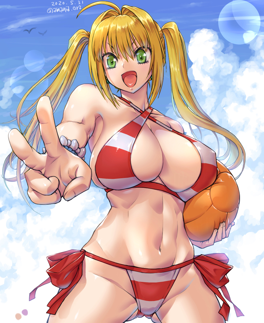 1girl ahoge amania_orz artist_name ball beachball bikini blonde_hair clouds cloudy_sky criss-cross_halter dated earrings fate/grand_order fate_(series) green_eyes halterneck holding holding_ball jewelry looking_at_viewer navel nero_claudius_(fate)_(all) nero_claudius_(swimsuit_caster)_(fate) open_mouth sky solo striped striped_bikini striped_swimsuit swimsuit twintails v