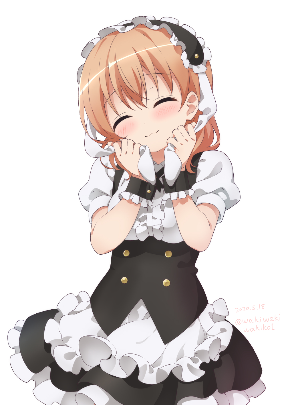 1girl :3 animal_ears apron black_hairband black_skirt blush breasts brown_hair center_frills closed_eyes closed_mouth collared_shirt commentary_request dated facing_viewer fake_animal_ears fleur_de_lapin_uniform floppy_ears frilled_apron frilled_hairband frilled_skirt frills gochuumon_wa_usagi_desu_ka? hairband hands_up head_tilt highres holding_ears hoto_cocoa long_hair medium_breasts neki_(wakiko) pleated_skirt puffy_short_sleeves puffy_sleeves rabbit_ears shirt short_sleeves simple_background skirt solo twitter_username underbust waist_apron white_apron white_background white_shirt wrist_cuffs