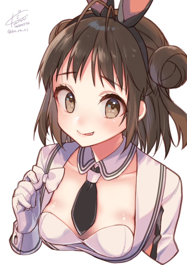 1girl ahoge animal_ears blush breasts brown_eyes brown_hair collarbone cropped_arms dated detached_collar double_bun fake_animal_ears gloves kantai_collection koruri leotard naka_(kantai_collection) rabbit_ears sailor_collar short_hair signature simple_background small_breasts smile solo tongue tongue_out twitter_username white_background white_gloves white_leotard white_sailor_collar