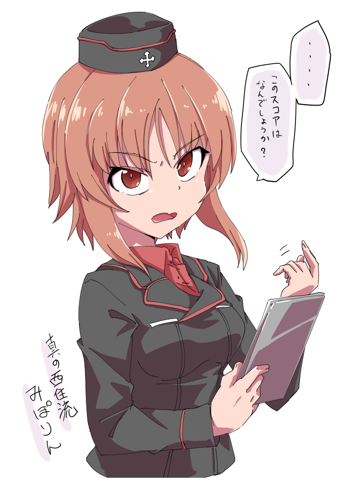 ... 1girl angry bob_(you-u-kai) garrison_cap girls_und_panzer hat holding kuromorimine_military_uniform nishizumi_miho orange_eyes orange_hair short_hair solo spoken_ellipsis tablet_pc translated upper_body white_background