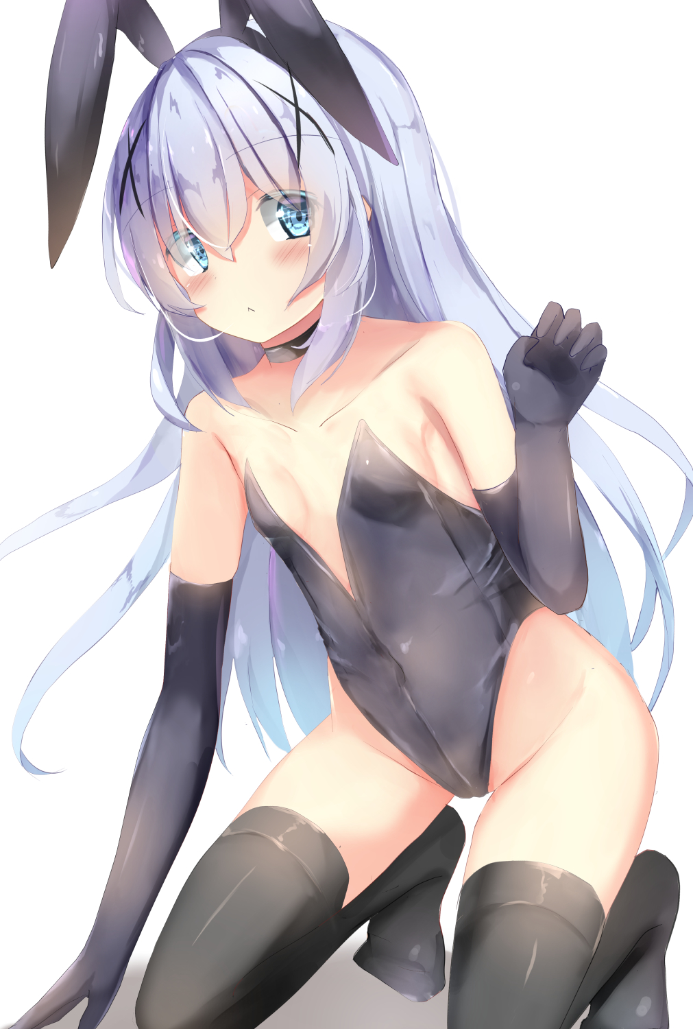 1girl :&lt; animal_ears bangs bare_shoulders black_choker black_gloves black_hairband black_legwear black_leotard blue_eyes blue_hair blush breasts choker closed_mouth collarbone commentary_request elbow_gloves eyebrows_visible_through_hair fake_animal_ears gloves gochuumon_wa_usagi_desu_ka? groin hair_between_eyes hair_ornament hairband hand_up highres kafuu_chino leotard looking_at_viewer na!?_(naxtuyasai) no_shoes rabbit_ears shadow small_breasts solo strapless strapless_leotard thigh-highs white_background x_hair_ornament