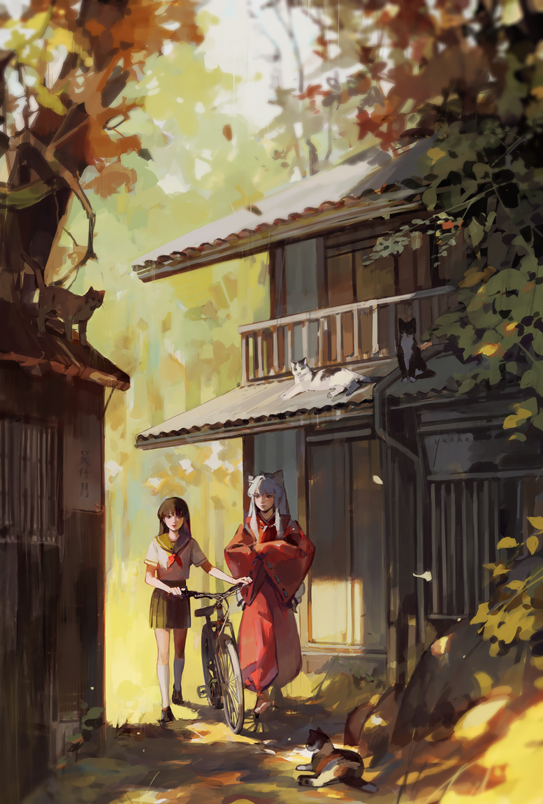 1boy 1girl animal animal_ears ascot autumn_leaves balcony barefoot bicycle black_hair black_skirt cat commentary_request crossed_arms dog_ears ground_vehicle higurashi_kagome holding house inuyasha inuyasha_(character) japanese_clothes japanese_house jiayue_wu kimono kneehighs leaf loafers long_hair long_sleeves looking_at_another lying outdoors red_kimono red_neckwear sailor_collar scenery school_uniform serafuku shirt shoes silver_hair skirt tree walking white_shirt wide_sleeves
