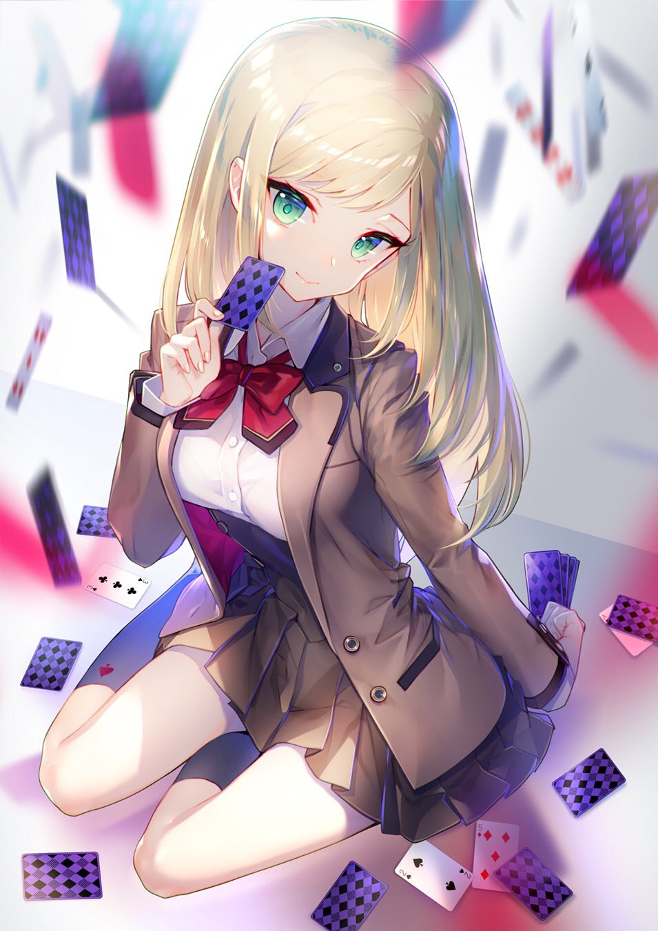 1girl argyle bangs blazer blonde_hair bow bowtie breasts card club_(shape) corset diamond_(shape) diamond_(symbol) dress_shirt green_eyes highres holding holding_card jacket large_breasts lips long_hair miyuki_ruria motion_blur playing_card pleated_skirt school_uniform shirt short_hair sitting skirt smile socks solo spade_(shape) swept_bangs yokozuwari