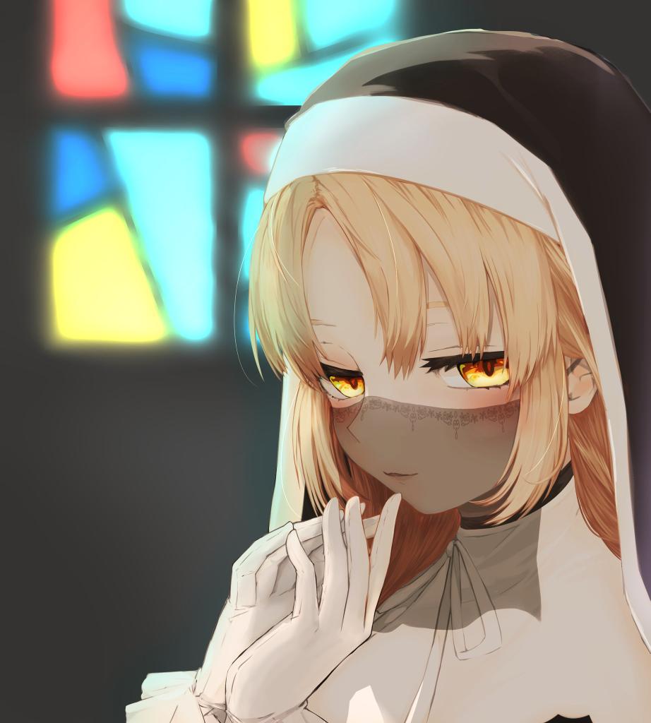 1girl blonde_hair festa11307070 frilled_gloves frills gloves high_collar indoors long_hair looking_at_viewer mouth_veil nijisanji nun own_hands_clasped own_hands_together parted_lips sideways_glance sister_cleaire smile solo stained_glass straight_hair upper_body veil virtual_youtuber white_gloves yellow_eyes