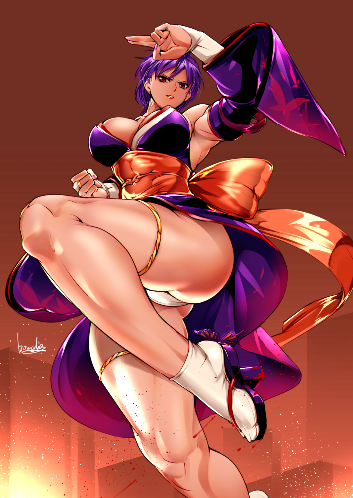 1girl ass ayane ayane_(doa) blood blood_splatter bow bowalia breasts bridal_gauntlets clenched_hand dead_or_alive detached_sleeves fighting_stance geta japanese_clothes jumping large_breasts legs muscle muscular_female ninja ninja_gaiden obi panties pantyshot purple_hair purple_nails red_bow red_eyes sash short_hair socks solo tabi thick_thighs thigh_strap thighs underwear white_panties wide_sleeves