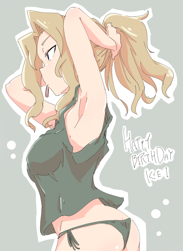1girl armpits arms_up ass birthday blonde_hair bob_(you-u-kai) english_text girls_und_panzer green_panties kay_(girls_und_panzer) looking_to_the_side mouth_hold panties side-tie_panties simple_background solo tank_top tying_hair underwear