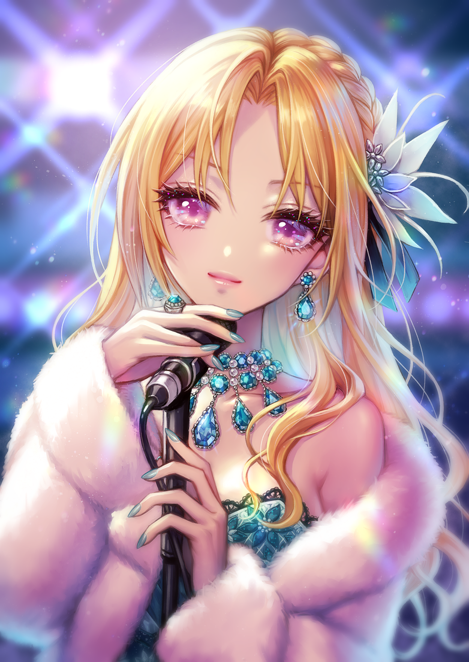 1girl bangs blonde_hair blue_dress blue_nails braid collarbone commentary_request dress eyelashes flower fur_coat hair_flower hair_ornament highres idolmaster idolmaster_cinderella_girls idolmaster_cinderella_girls_starlight_stage jewelry kiryuu_tsukasa_(idolmaster) long_hair looking_at_viewer murayama_(u_k) nail_polish necklace off_shoulder parted_bangs ring side_braid solo upper_body violet_eyes