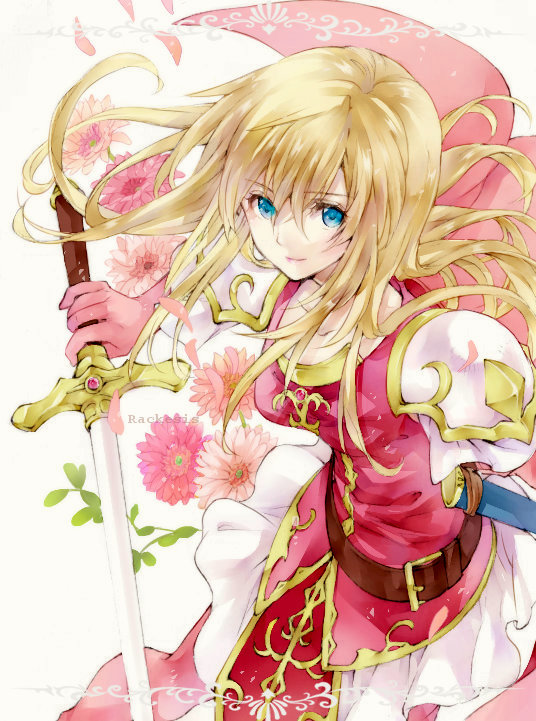 1girl armor belt blonde_hair blue_eyes cape fire_emblem fire_emblem:_genealogy_of_the_holy_war floral_background gloves lachesis_(fire_emblem) long_hair looking_at_viewer mochineko sheath skirt smile solo solo_focus sword traditional_media watercolor_(medium) weapon