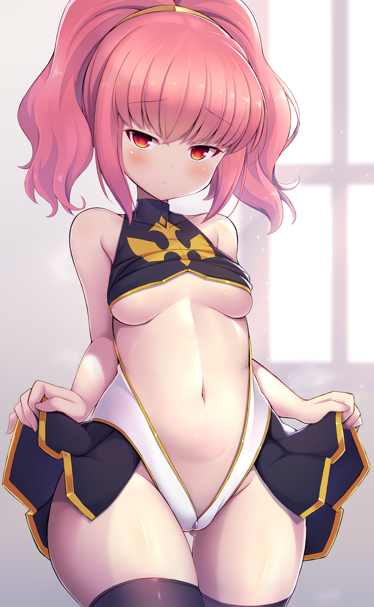 1girl anya_alstreim ass_visible_through_thighs bare_shoulders blush breasts center_opening code_geass commentary_request cowboy_shot eyebrows_visible_through_hair highres lifted_by_self looking_at_viewer medium_breasts pink_hair red_eyes solo tatuyayosi thigh-highs turtleneck under_boob