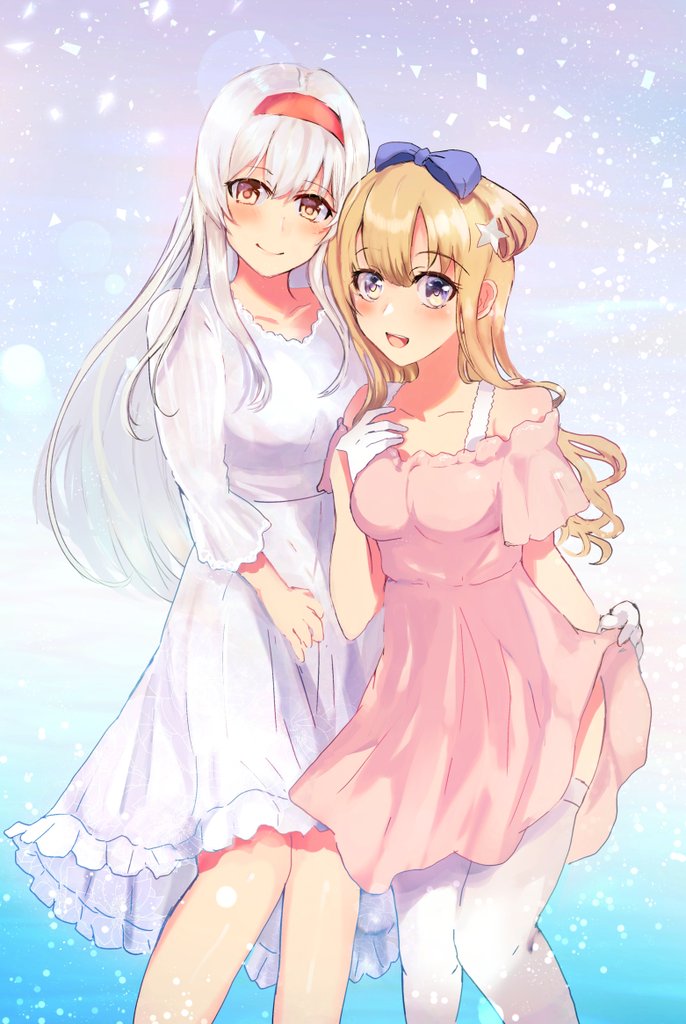 2girls alternate_costume blonde_hair blue_bow blue_eyes bow brown_eyes commentary_request double_bun dress dress_lift feet_out_of_frame fletcher_(kantai_collection) gloves hair_bow hair_ornament hairband kantai_collection lifted_by_self long_hair long_sleeves looking_at_viewer miyako_(00727aomiyako) multiple_girls pink_dress red_hairband remodel_(kantai_collection) shoukaku_(kantai_collection) standing star_(symbol) star_hair_ornament thigh-highs white_dress white_gloves white_hair white_legwear