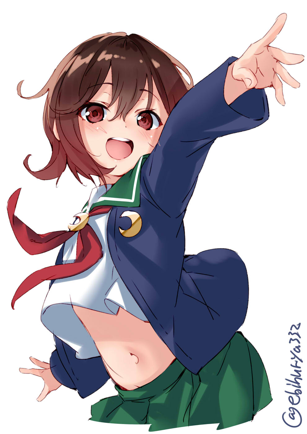 1girl blush brown_hair crescent crescent_moon_pin ebifurya gradient_hair green_sailor_collar highres jacket kantai_collection loafers multicolored_hair mutsuki_(kantai_collection) navel open_mouth outstretched_arms pantyhose redhead remodel_(kantai_collection) sailor_collar school_uniform serafuku shoes short_hair smile spread_arms stomach