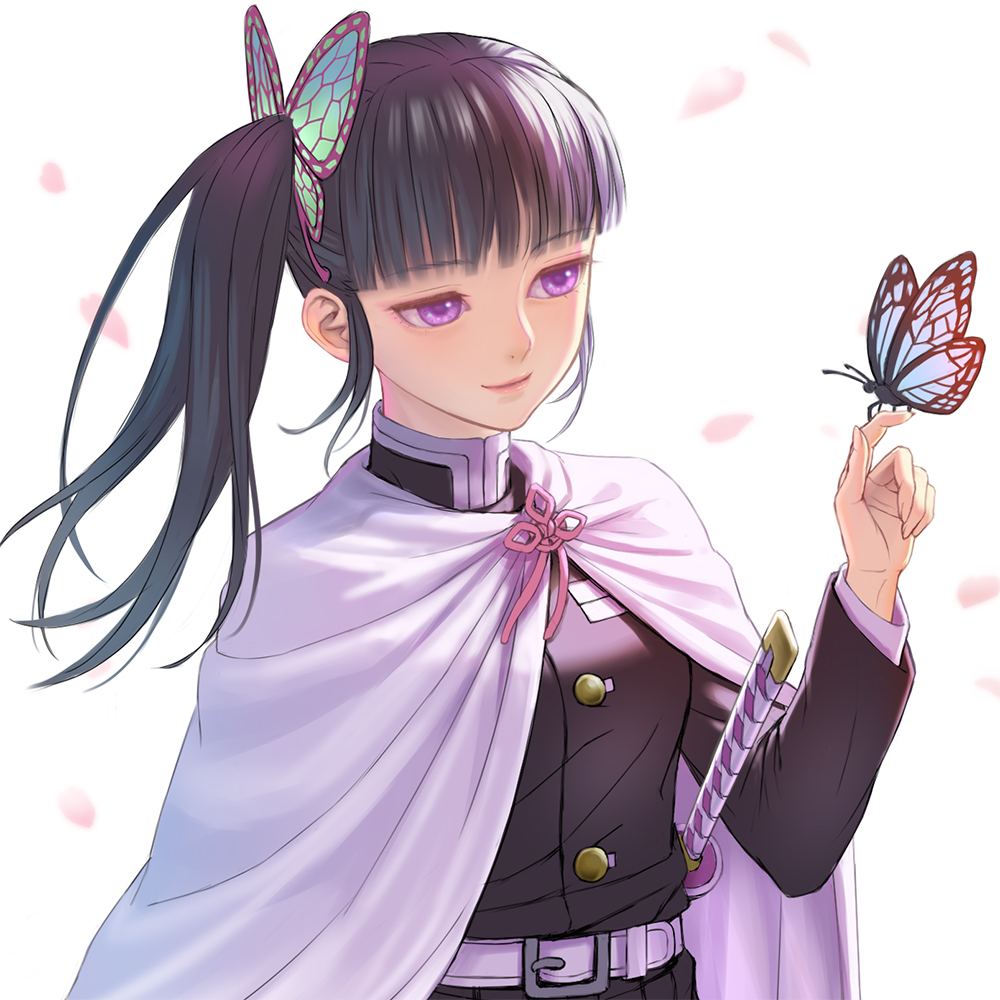 1girl bangs black_hair black_jacket blunt_bangs butterfly_hair_ornament butterfly_on_finger cape cherry_blossoms closed_mouth hair_ornament jacket kimetsu_no_yaiba long_hair long_sleeves lotz pink_ribbon ribbon shiny shiny_hair side_ponytail smile solo tsuyuri_kanao uniform violet_eyes white_background white_cape