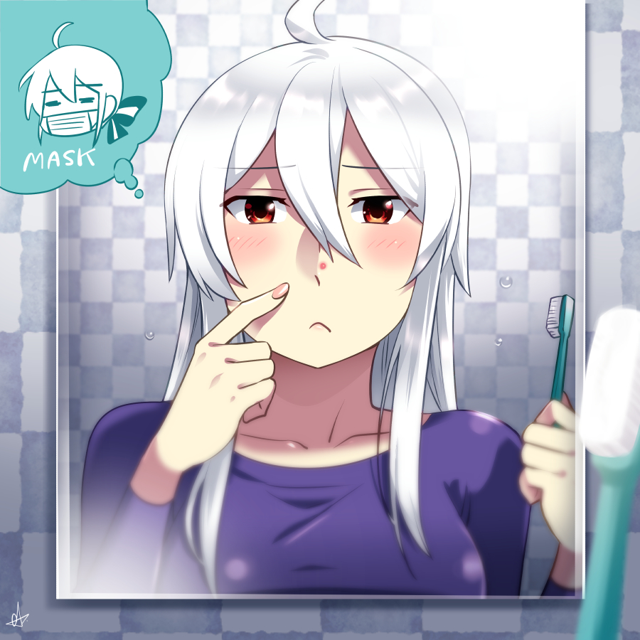 1girl ahoge bathroom breasts caffein holding_toothbrush long_hair mask mirror mouth_mask pimple red_eyes silver_hair solo toothbrush upper_body vocaloid voyakiloid yowane_haku