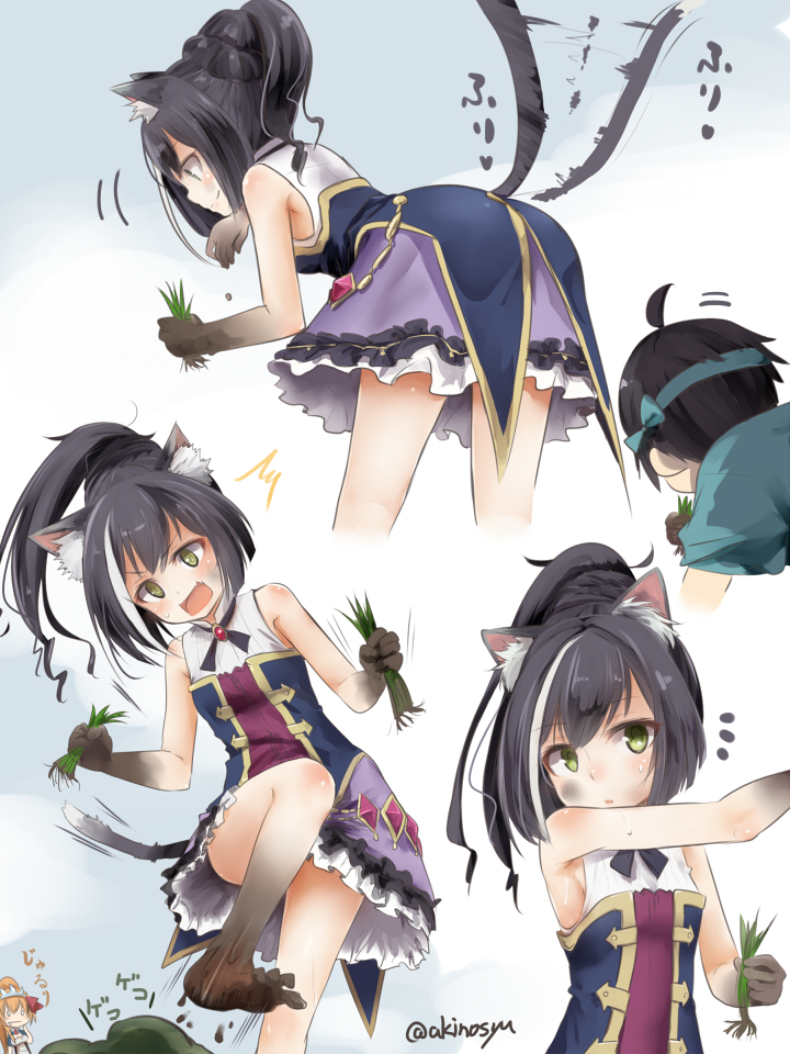 /\/\/\ 1boy 2girls afterimage ahoge akino_shuu animal_ear_fluff animal_ears bangs bare_arms bare_shoulders barefoot bent_over black_hair blue_shirt blush breasts cat_ears cat_girl cat_tail closed_mouth commentary_request eyebrows_visible_through_hair frilled_skirt frills grass green_eyes holding karyl_(princess_connect!) long_hair multicolored_hair multiple_girls multiple_views no_detached_sleeves notice_lines open_mouth parted_lips pecorine ponytail princess_connect! princess_connect!_re:dive profile purple_skirt shirt short_sleeves skirt sleeveless sleeveless_shirt small_breasts smile standing standing_on_one_leg streaked_hair surprised tail tail_wagging translation_request twitter_username white_hair white_shirt yuuki_(princess_connect!)