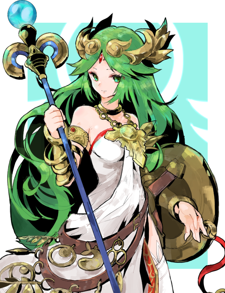 1girl armlet bare_shoulders bracelet bracer breasts circlet closed_mouth dress goddess gold green_eyes green_hair holding holding_staff jamir jewelry kid_icarus looking_at_viewer medium_breasts neck_ring necklace palutena shield solo staff strapless strapless_dress thigh-highs tiara white_dress white_legwear zettai_ryouiki