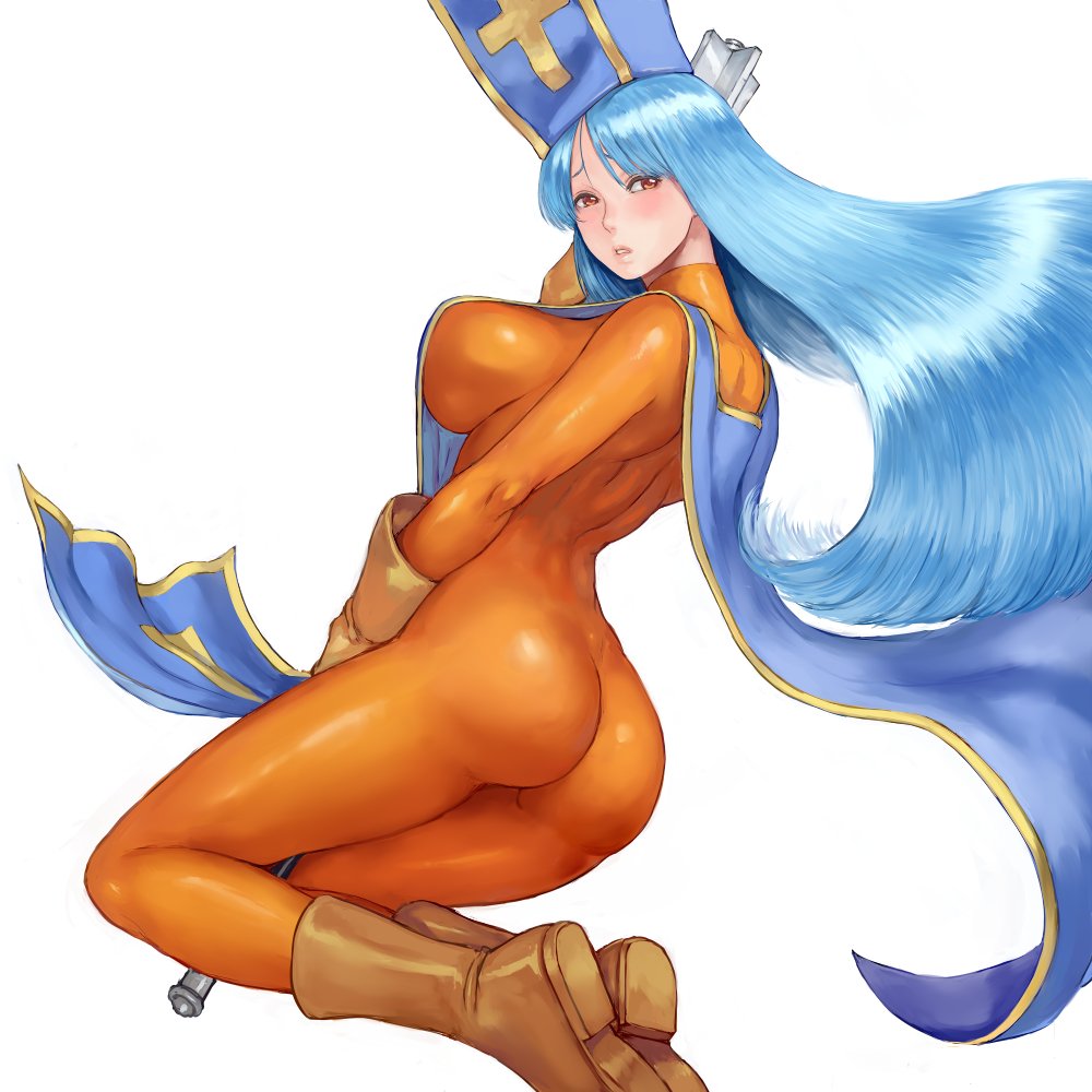 1girl ankle_boots ass blue_hair blue_headwear bodysuit boots breasts brown_footwear brown_gloves cross dragon_quest dragon_quest_iii floating_hair from_behind gloves hat holding holding_staff impossible_bodysuit impossible_clothes jumping large_breasts long_hair looking_at_viewer looking_back orange_bodysuit parted_lips pelvic_curtain priest_(dq3) red_eyes shu-mai simple_background solo staff tabard white_background