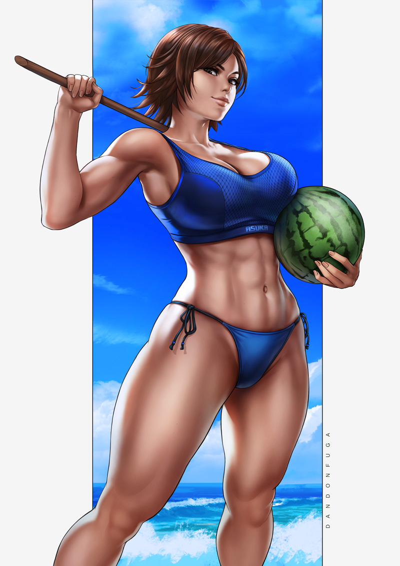 beach bikini blue_sky blue_swimsuit breasts clouds dandon_fuga food fruit kazama_asuka medium_breasts muscle muscular_female namco pinup short_hair sky solo summer swimsuit tekken watermelon