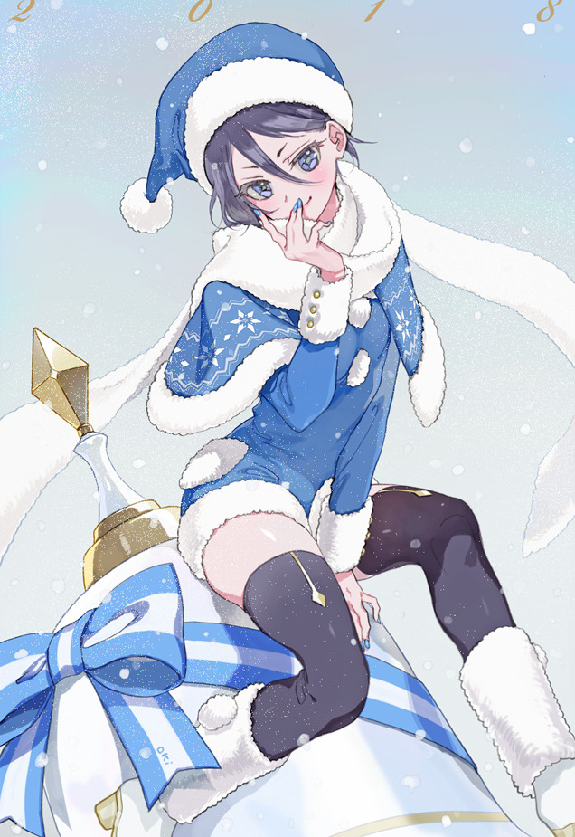 1girl 2018 black_hair black_legwear bleach blue_eyes blue_nails bow dress female fur-trimmed_dress fur-trimmed_headwear fur_trim hair_between_eyes hat kuchiki_rukia long_sleeves nail_polish okihana ribbon santa_costume santa_hat scarf snowing thigh-highs