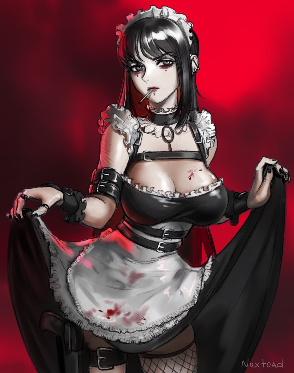 1girl artist_name bags_under_eyes belt black_dress black_hair black_nails blood blood_on_breasts bloody_clothes breasts cigarette collar dress ear_piercing earrings elbow_sleeve frills grey_eyes gun highres jewelry large_breasts lip_piercing long_hair maid maid_headdress mole mole_under_eye nail_polish nextoad original piercing red_background ring scratches simple_background skirt skirt_lift solo upskirt very_long_hair weapon wrist_cuffs