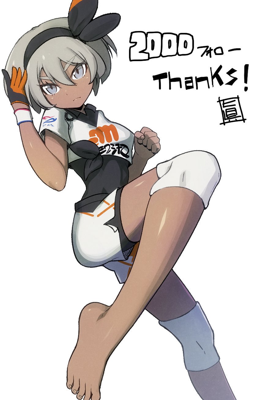 1girl bangs barefoot black_hairband bodysuit_under_clothes breasts closed_mouth dark_skin eyebrows_visible_through_hair frown gloves grey_eyes grey_hair gym_leader hair_between_eyes hairband highres knee_pads leg_up mahito pokemon pokemon_(game) pokemon_swsh saitou_(pokemon) short_hair short_sleeves shorts single_glove small_breasts solo toenails tsurime two-tone_gloves v-shaped_eyebrows wristband
