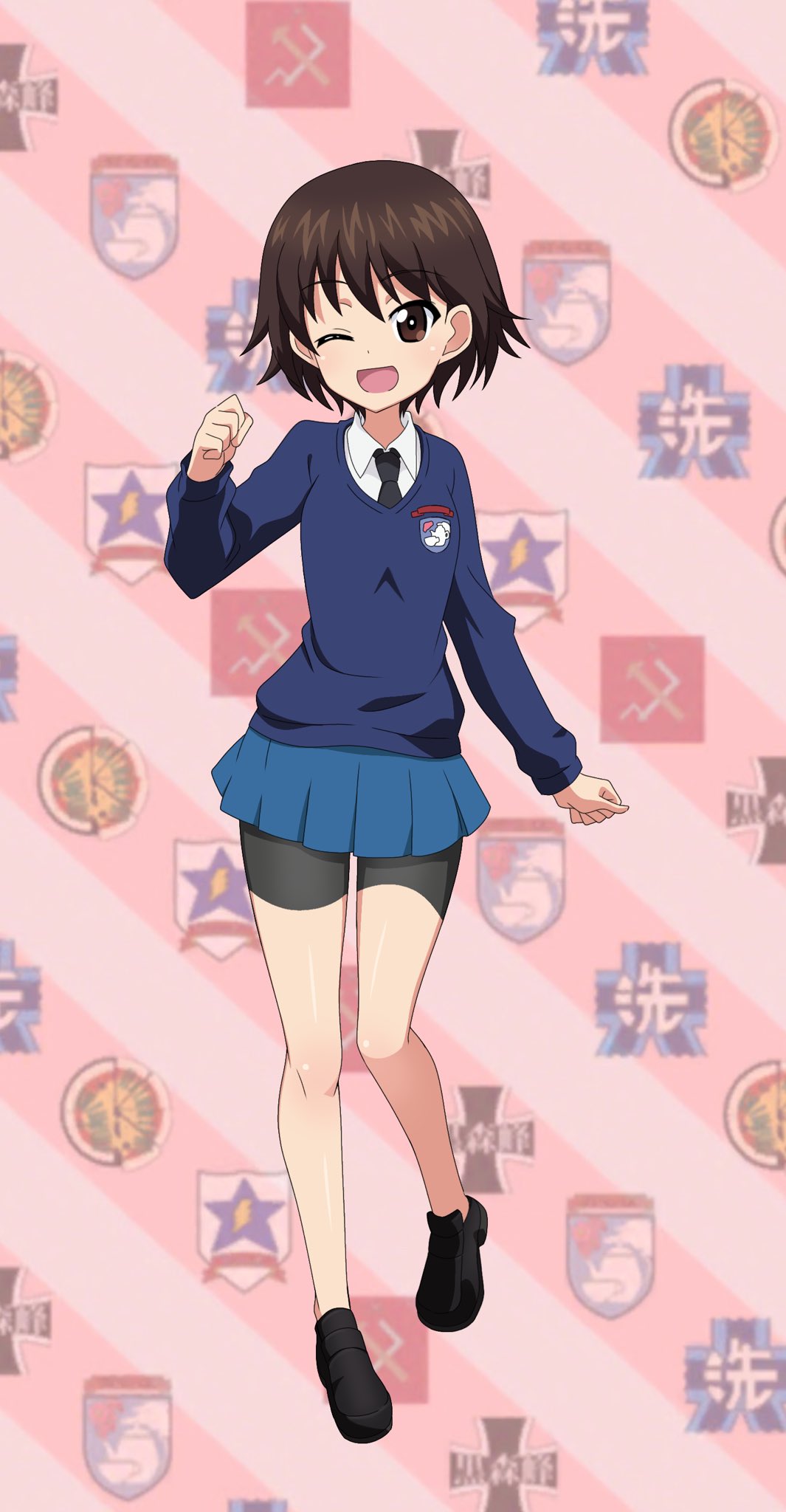 1girl anzio_(emblem) bangs bike_shorts black_footwear black_neckwear black_shorts blue_skirt blue_sweater blurry blurry_background brown_eyes brown_hair cosplay derivative_work diagonal_stripes dress_shirt emblem eyebrows_visible_through_hair girls_und_panzer highres isobe_noriko kuromorimine_(emblem) loafers long_sleeves looking_at_viewer miniskirt necktie no_socks one_eye_closed ooarai_(emblem) open_mouth parody pink_background pleated_skirt pravda_(emblem) rukuriri_(girls_und_panzer) rukuriri_(girls_und_panzer)_(cosplay) saunders_(emblem) school_uniform shirt shoes short_hair short_shorts shorts shorts_under_skirt skirt smile solo st._gloriana's_(emblem) st._gloriana's_school_uniform standing standing_on_one_leg striped striped_background sweater tanutika v-neck white_shirt wing_collar