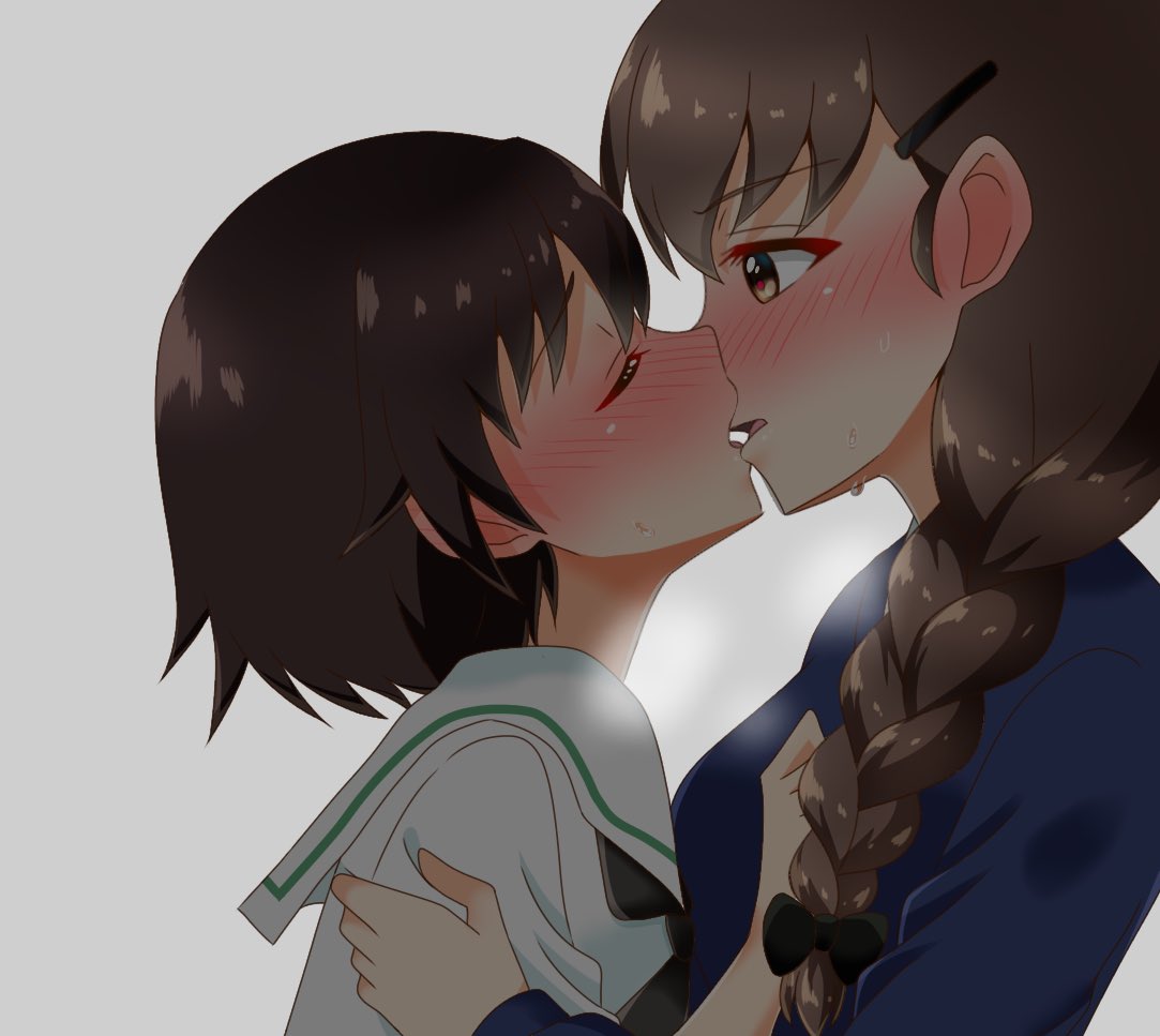 2girls bad_id bad_twitter_id bangs black_ribbon blouse blue_sweater blush braid brown_eyes brown_hair eyebrows_visible_through_hair from_side girls_und_panzer hair_ornament hair_over_shoulder hair_ribbon hairclip hug isobe_noriko kiss long_hair long_sleeves looking_at_another multiple_girls ooarai_school_uniform ribbon rukuriri_(girls_und_panzer) school_uniform serafuku short_hair simple_background single_braid st._gloriana's_school_uniform sweat sweater tanutika upper_body white_background white_blouse yuri