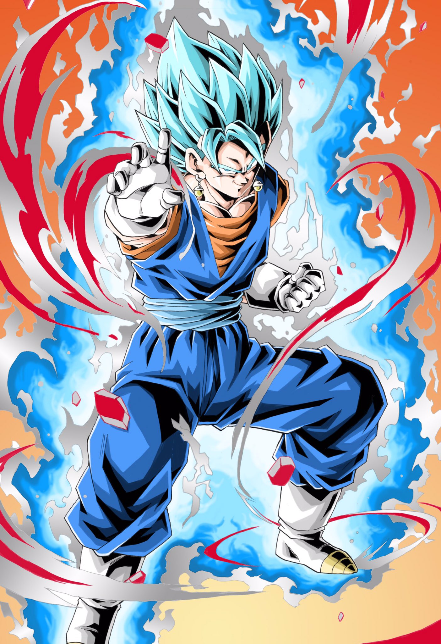 1boy aura blue_eyes blue_hair clenched_teeth closed_mouth commentary_request dragon_ball dragon_ball_super earrings fighting_stance gloves highres jewelry looking_at_viewer male_focus muscle potara_earrings smile solo spiky_hair super_saiyan_blue teeth vegetto white_footwear white_gloves youngjijii