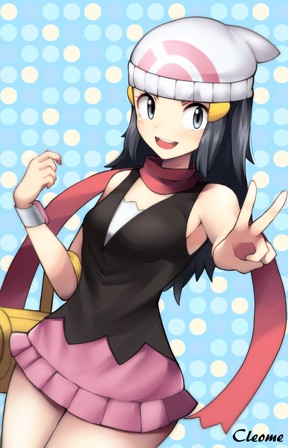 1girl :d artist_name black_hair blue_background blush cleome94 cowboy_shot grey_eyes hair_ornament hat highres hikari_(pokemon) long_hair looking_at_viewer miniskirt open_mouth outstretched_arm pink_skirt pokemon pokemon_(game) pokemon_dppt print_headwear red_scarf scarf shiny shiny_hair skirt sleeveless smile solo standing v white_headwear