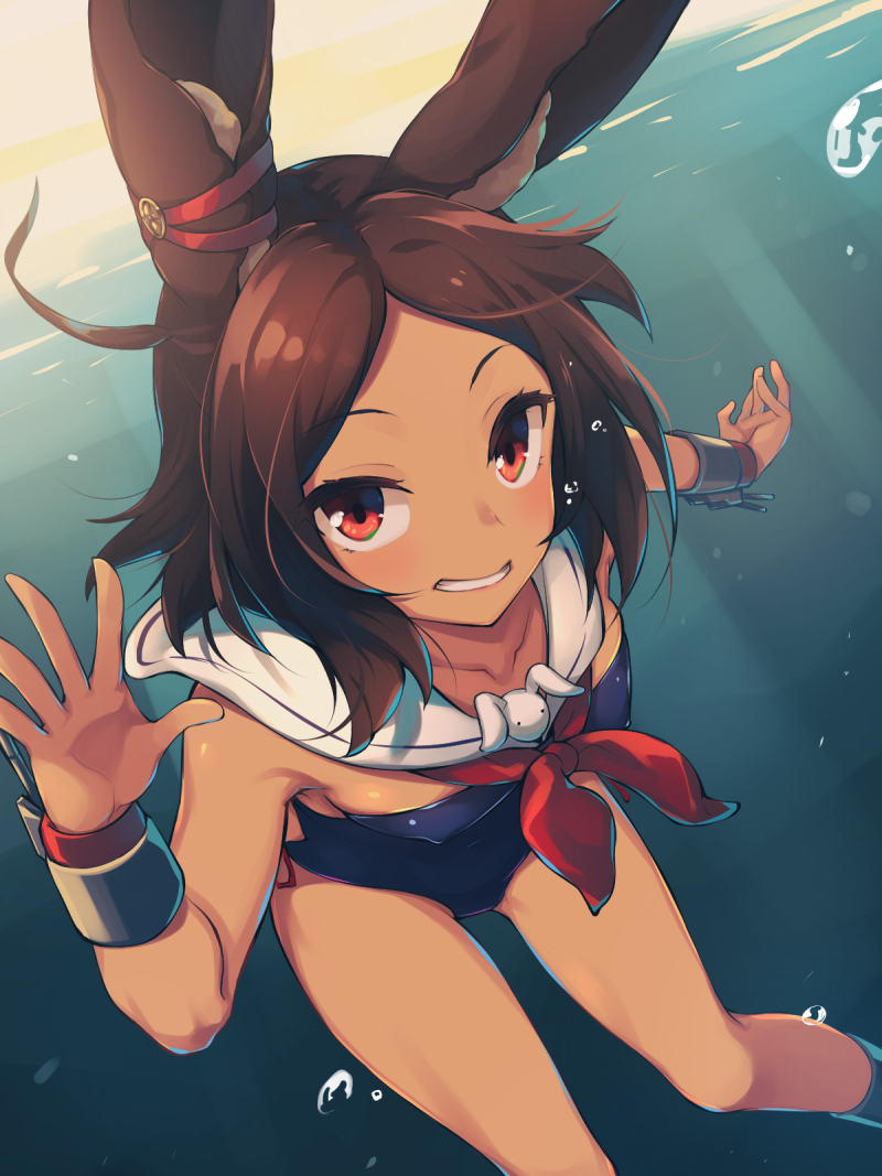 1girl air_bubble animal_ears azur_lane bangs bare_shoulders blue_swimsuit blush breasts brown_eyes brown_hair bubble collarbone commentary_request covered_nipples cowboy_shot dark_skin detached_collar ear_ribbon eyebrows_visible_through_hair grin i-26_(azur_lane) light_rays looking_at_viewer neckerchief nontraditional_school_swimsuit one-piece_swimsuit open_hands parted_bangs rabbit_ears red_neckwear ribbon ribbon-trimmed_swimsuit ribbon_trim sailor_collar school_swimsuit short_hair side-tie_swimsuit sidelocks small_breasts smile solo strapless strapless_swimsuit sunbeam sunlight swimsuit underwater white_sailor_collar wristband youhei_64d