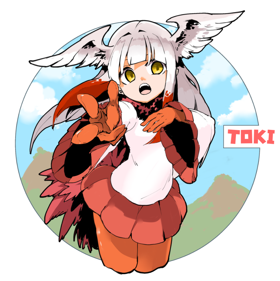 1girl bangs bird_tail bird_wings blue_sky character_name clouds cowboy_shot day empty_eyes feathered_wings frilled_sleeves frills fur_collar gloves hand_on_own_chest head_wings jamir japanese_crested_ibis_(kemono_friends) kemono_friends legs_together long_hair long_sleeves miniskirt multicolored_hair open_mouth orange_gloves orange_legwear outstretched_arm pantyhose pleated_skirt red_skirt redhead shirt skirt sky solo tail teeth two-tone_hair white_hair white_shirt white_wings wide_sleeves wings yellow_eyes