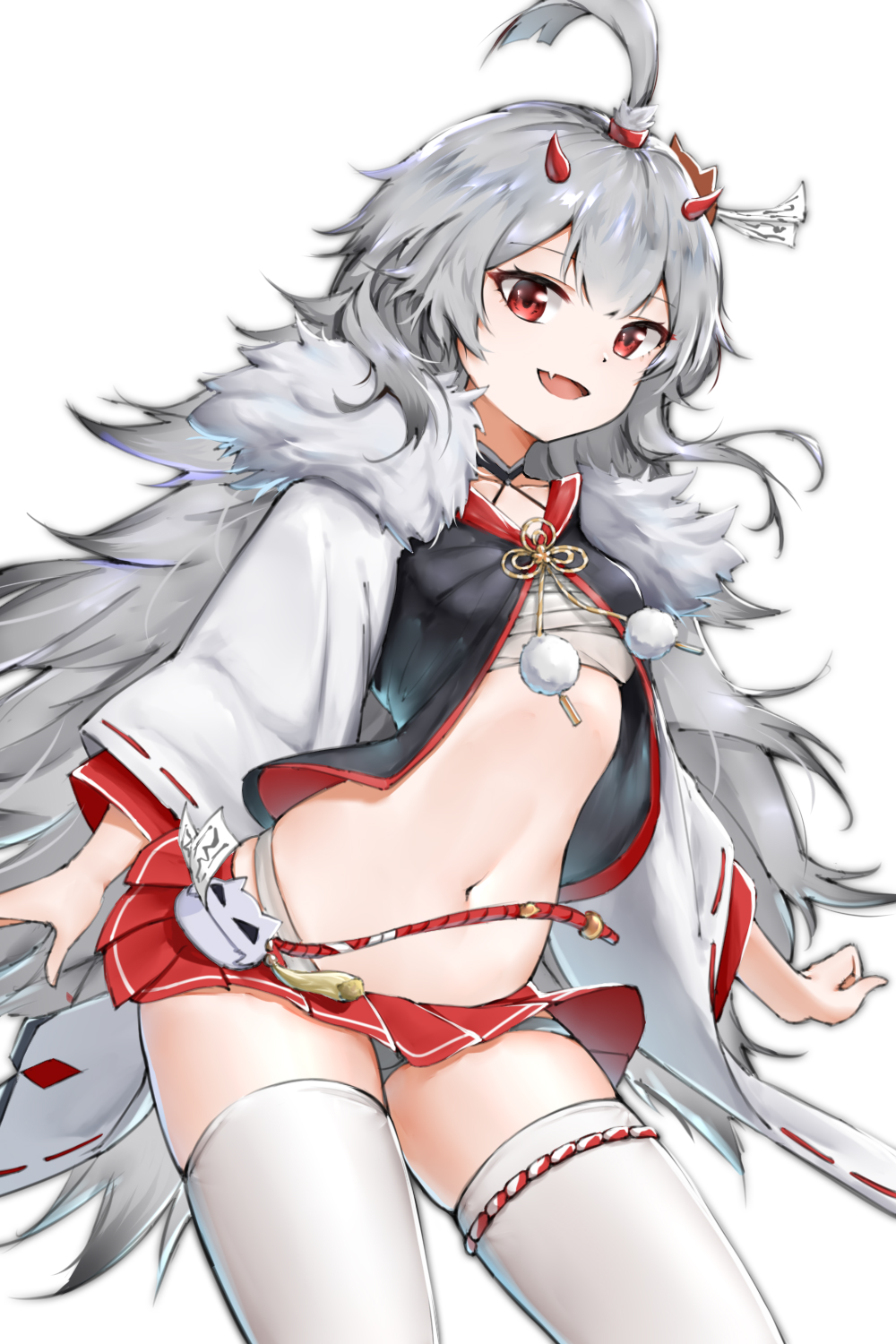 1girl azur_lane black_choker breasts chinese_commentary choker cowboy_shot eyebrows_visible_through_hair fang fur_trim haori hibiki_(azur_lane) highres horns japanese_clothes long_hair looking_at_viewer microskirt midriff mr._coffeefeefeefeefeefeewasabi navel open_mouth panties pantyshot pleated_skirt pom_pom_(clothes) red_eyes red_skirt rope sarashi silver_hair simple_background skirt small_breasts smile solo thigh-highs thighs topknot underwear white_background white_legwear white_panties zettai_ryouiki