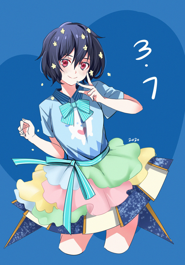 1girl bangs black_hair blue_background blue_shirt blush bow bowtie closed_mouth collared_shirt commentary cropped_legs da_huang dated english_commentary frills gathers green_neckwear green_ribbon hair_ornament heart heart_background layered_skirt leaning_to_the_side looking_at_viewer mizuno_ai multicolored multicolored_clothes multicolored_skirt red_eyes ribbon shirt short_hair short_sleeves skirt smile solo standing striped striped_neckwear w zombie_land_saga