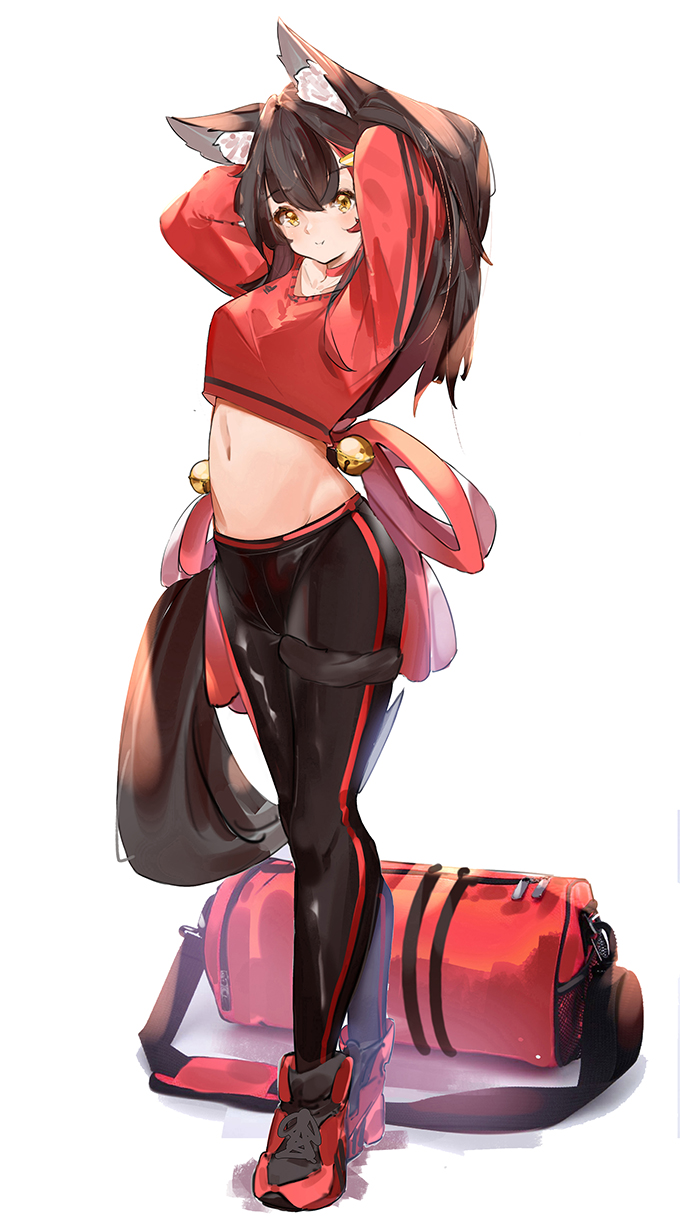 1girl alternate_costume animal_ear_fluff animal_ears arms_up bag bell black_hair black_pants blush breasts closed_mouth commentary crop_top duffel_bag english_commentary eyebrows_visible_through_hair full_body groin hair_between_eyes hair_ornament hands_in_hair highres hololive long_hair long_sleeves looking_at_viewer majo_(pastamajo) medium_breasts midriff multicolored_hair navel ookami_mio pants red_footwear red_shirt redhead shirt shoes simple_background smile sneakers solo standing streaked_hair sweatpants tail two-tone_hair virtual_youtuber white_background wolf_ears wolf_tail yellow_eyes