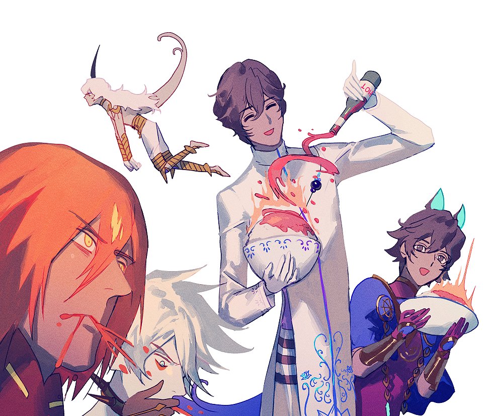 5boys arjuna_(fate/grand_order) arjuna_alter armor ashwatthama_(fate/grand_order) bangs black_hair blue_eyes bodysuit bonzon_e bottle brown_eyes chest closed_eyes collar coughing curry curry_rice dark_skin dark_skinned_male eyebrows_visible_through_hair fate/apocrypha fate/grand_order fate_(series) floating food full_body gloves grey_eyes hair_between_eyes hand_to_own_mouth holding horns hot_sauce jewelry karna_(fate) long_hair long_sleeves male_focus multiple_boys open_mouth pale_skin pants redhead revealing_clothes rice shirtless short_hair sitting smile spiked_collar spikes tail upper_body white_background white_hair yellow_eyes