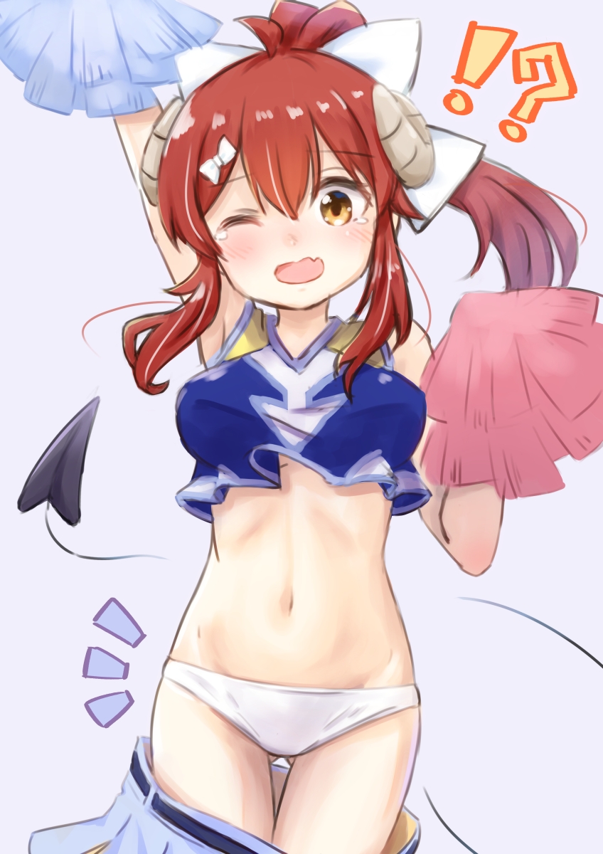 1girl ahoge blush brown_eyes brown_hair cheerleader crop_top curled_horns demon_girl demon_horns demon_tail eyebrows_visible_through_hair highres horns kuramoto_takato long_hair machikado_mazoku midriff navel open_mouth panties pleated_skirt pom_poms ponytail simple_background skirt solo tail underwear wardrobe_malfunction yoshida_yuuko_(machikado_mazoku)