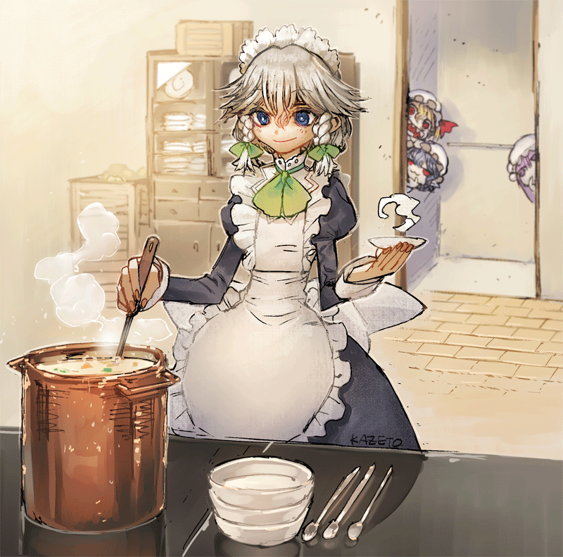 4girls apron artist_name blonde_hair blue_eyes blue_hair bow bowl braid cabinet commentary_request cooking crate frills green_bow green_neckwear hair_bow hat hat_ribbon holding holding_ladle indoors izayoi_sakuya juliet_sleeves kazeto kitchen ladle long_sleeves maid maid_headdress mob_cap multiple_girls open_mouth peeking_out pot puffy_sleeves purple_hair red_eyes red_ribbon ribbon saucer sharp_teeth short_hair silver_hair smile spoon steam teeth touhou twin_braids violet_eyes white_headwear