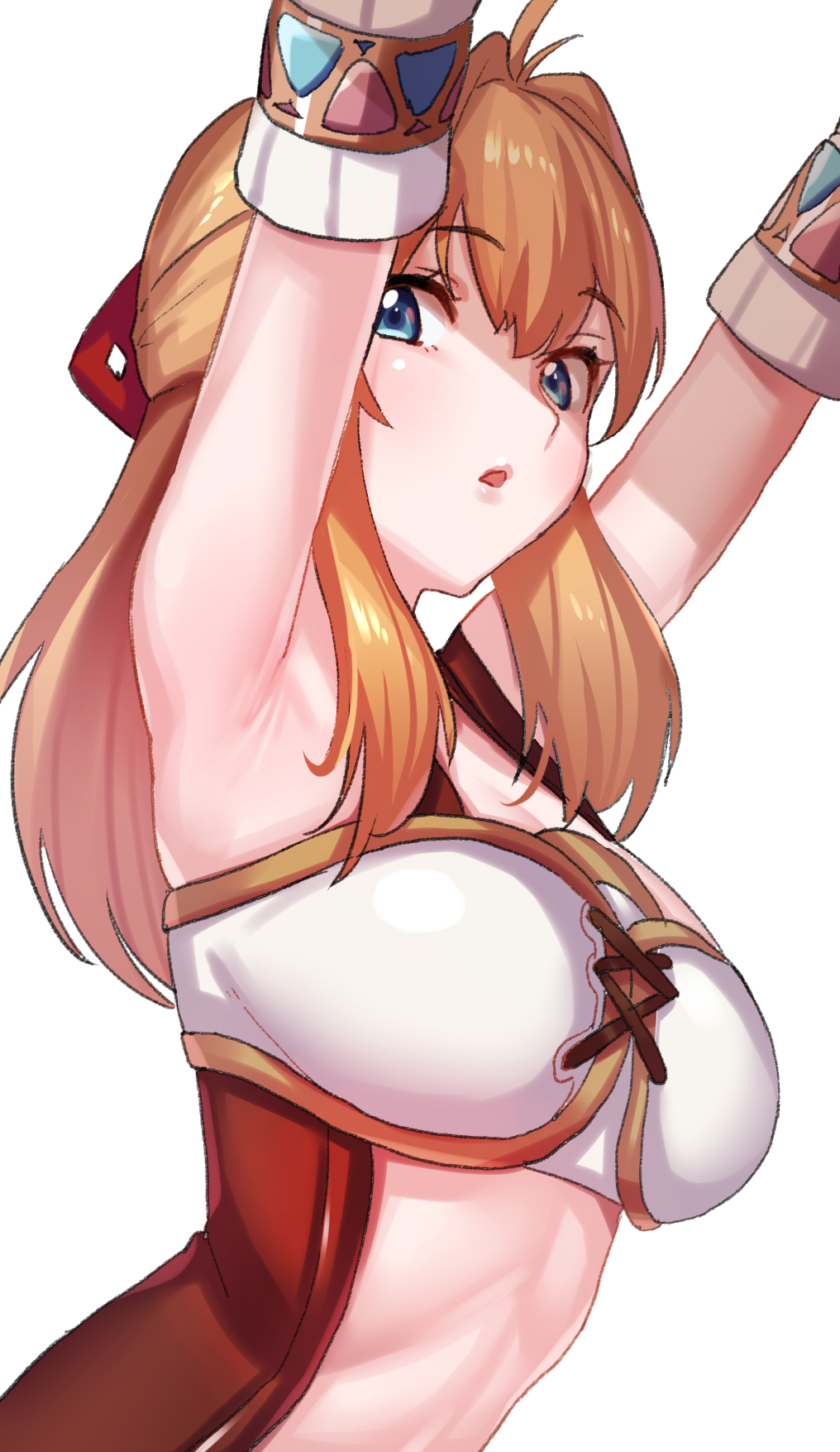 1girl armpits arms_up blonde_hair blue_eyes breasts detached_sleeves fiorun green322 highres lips long_hair medium_breasts open_mouth simple_background solo upper_body white_background xenoblade_(series) xenoblade_1