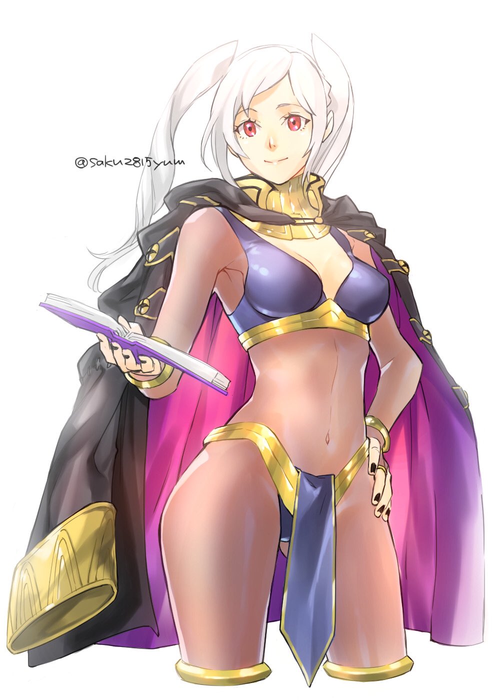 1girl bodystocking book bracelet closed_mouth fire_emblem fire_emblem_awakening highres holding holding_book jewelry nail_polish navel open_book red_eyes robin_(fire_emblem) robin_(fire_emblem)_(female) simple_background smile solo tombsakura twintails twitter_username white_background white_hair