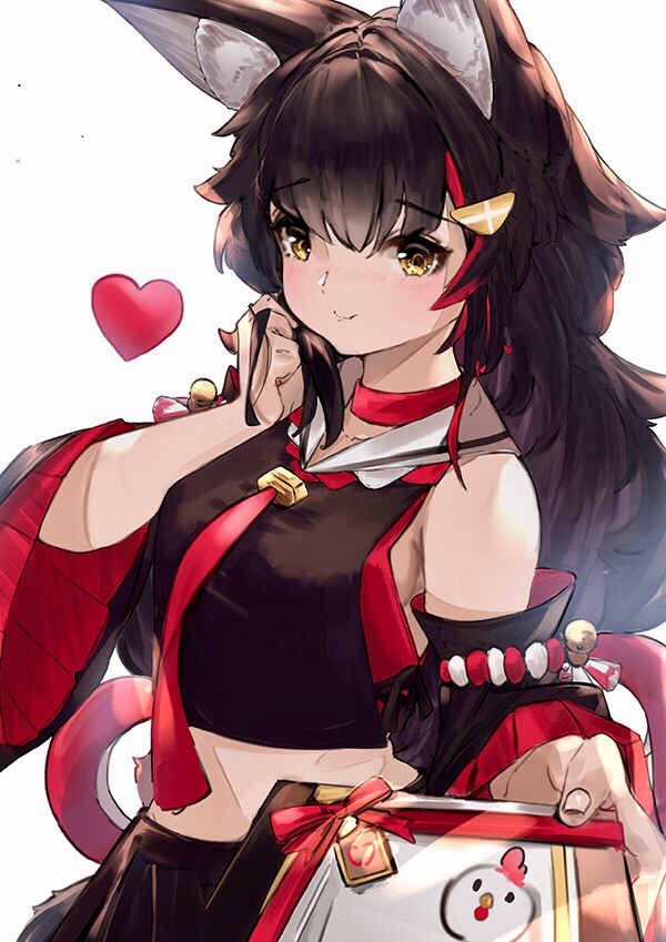 1girl animal_ear_fluff animal_ears backlighting bell bird black_hair blush box breasts chicken choker closed_mouth commentary cowboy_shot crop_top detached_sleeves eyebrows_visible_through_hair eyelashes gift gift_box hair_between_eyes hair_ornament heart holding holding_hair hololive kouhaku_nawa long_hair looking_at_viewer majo_(pastamajo) medium_breasts midriff multicolored_hair navel ookami_mio outstretched_hand pov red_choker red_neckwear redhead simple_background smile solo streaked_hair tail two-tone_hair virtual_youtuber white_background wide_sleeves wolf_ears wolf_tail yellow_eyes