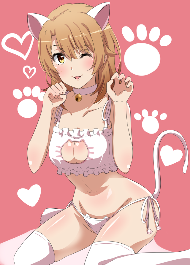 1girl ;d animal_ears bangs bell bell_collar bra breasts brown_hair cat_cutout cat_ears cat_lingerie cat_tail cinderella_bust cleavage_cutout collar collarbone frilled_bra frills groin heart isshiki_iroha kemonomimi_mode lieass long_hair looking_at_viewer medium_breasts meme_attire navel one_eye_closed open_mouth panties paw_pose pink_background ribbon shiny shiny_hair shiny_skin side-tie_panties sitting smile solo tail thigh-highs underwear underwear_only wariza white_bra white_legwear white_panties white_ribbon yahari_ore_no_seishun_lovecome_wa_machigatteiru. yellow_eyes