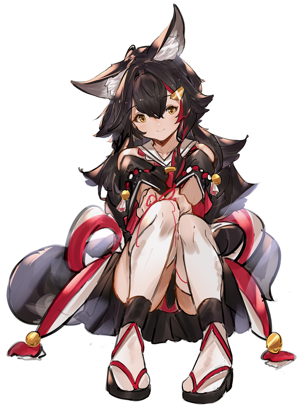 1girl animal_ear_fluff animal_ears bell black_footwear black_hair black_skirt blush breasts closed_mouth commentary crop_top detached_sleeves eyebrows_visible_through_hair eyelashes full_body hair_between_eyes hair_ornament highres hololive knees_together_feet_apart kouhaku_nawa long_hair looking_at_viewer majo_(pastamajo) medium_breasts miniskirt multicolored_hair ookami_mio panties pantyshot pleated_skirt red_panties redhead sandals simple_background sitting skirt smile solo streaked_hair thigh-highs two-tone_hair underwear virtual_youtuber white_background white_legwear wide_sleeves wolf_ears yellow_eyes