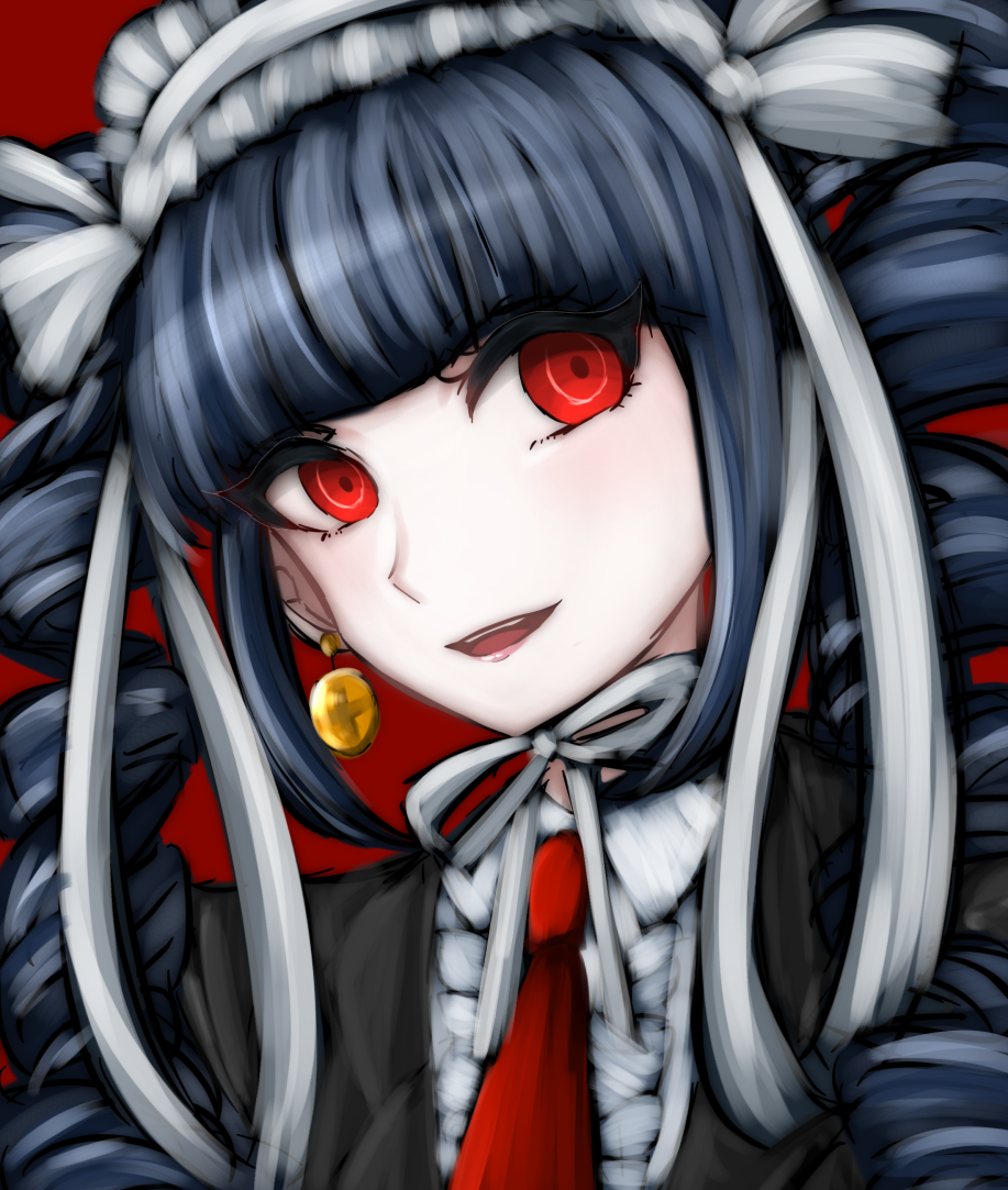 black_hair black_jacket celestia_ludenberck commentary dangan_ronpa dangan_ronpa_1 drill_hair earrings gothic_lolita jacket jewelry lchiflr lolita_fashion looking_to_the_side necktie open_mouth portrait red_background red_eyes simple_background