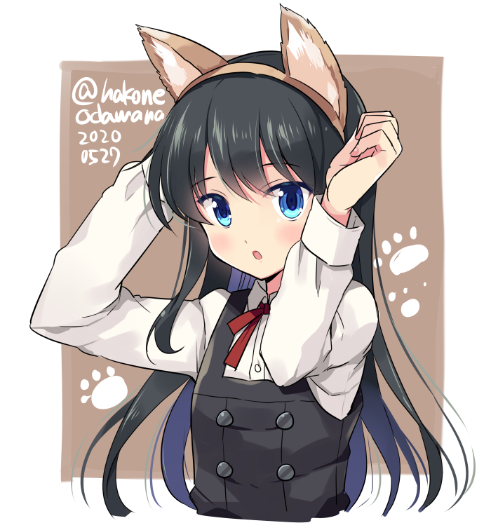 1girl animal_ears asashio_(kantai_collection) black_dress black_hair blue_eyes blush buttons cropped_torso dated dress fake_animal_ears hair_between_eyes kantai_collection long_hair long_sleeves neck_ribbon odawara_hakone open_mouth pinafore_dress red_ribbon remodel_(kantai_collection) ribbon school_uniform shirt solo twitter_username white_shirt