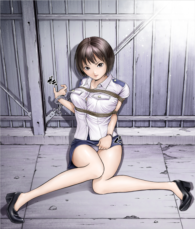 1girl bound breasts closed_mouth cuffs handcuffs looking_at_viewer miniskirt original panties pantyshot police police_uniform policewoman short_hair skirt solo tied_up underwear uniform