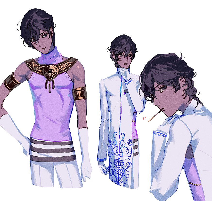 1boy arjuna_(fate/grand_order) bangs bare_shoulders black_eyes black_hair bonzon_e collage dark_skin dark_skinned_male elbow_gloves eyebrows_visible_through_hair fate/grand_order fate_(series) food from_side gloves hair_between_eyes hand_on_own_chin jewelry long_sleeves looking_at_viewer looking_to_the_side male_focus necklace pants pocky side_cutout sleeveless toned toned_male upper_body white_background white_gloves white_pants