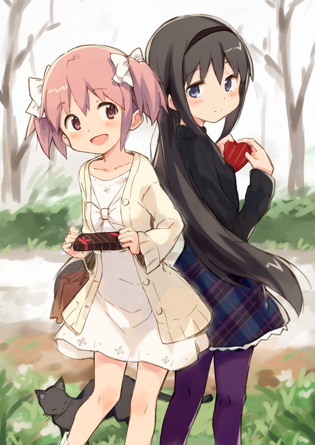 2girls :d akemi_homura back-to-back bangs black_hair black_hairband blush box box_of_chocolates breasts candy cat chocolate chocolate_heart closed_mouth collarbone cowboy_shot dress ears eyebrows_visible_through_hair food gift hair_between_eyes hair_ribbon hairband heart heart-shaped_box highres holding holding_food kaname_madoka kyuri long_hair long_sleeves looking_at_another magical_girl mahou_shoujo_madoka_magica multiple_girls open_mouth pantyhose patterned_clothing pink_eyes pink_hair purple_legwear ribbon shiny shiny_hair short_hair short_twintails sidelocks skirt small_breasts smile standing straight_hair swept_bangs tree twintails valentine very_long_hair violet_eyes white_dress winter yuri